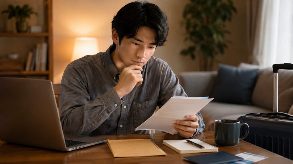 ISS留学ライフのキャンセル条件や留学契約書類を確認する日本人男性