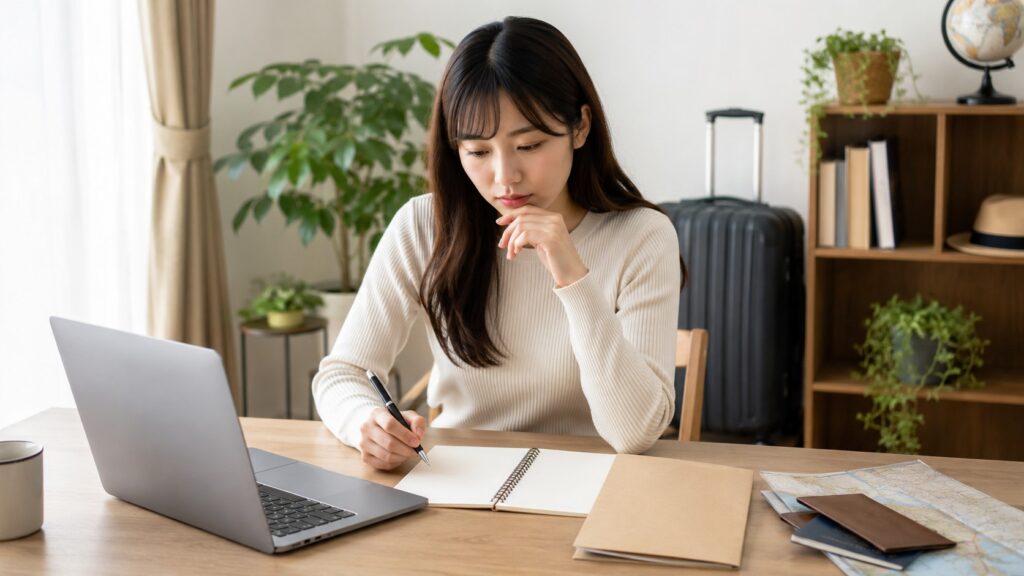 ISS留学ライフの費用や留学予算をパソコンとノートで確認する日本人女性
