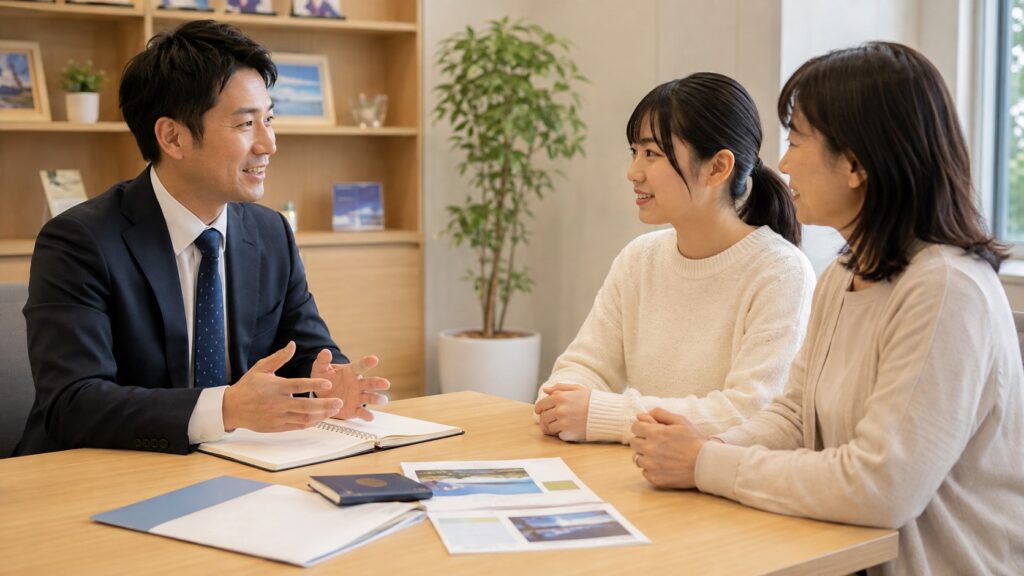 ISS留学ライフの無料カウンセリングで相談をする学生と保護者