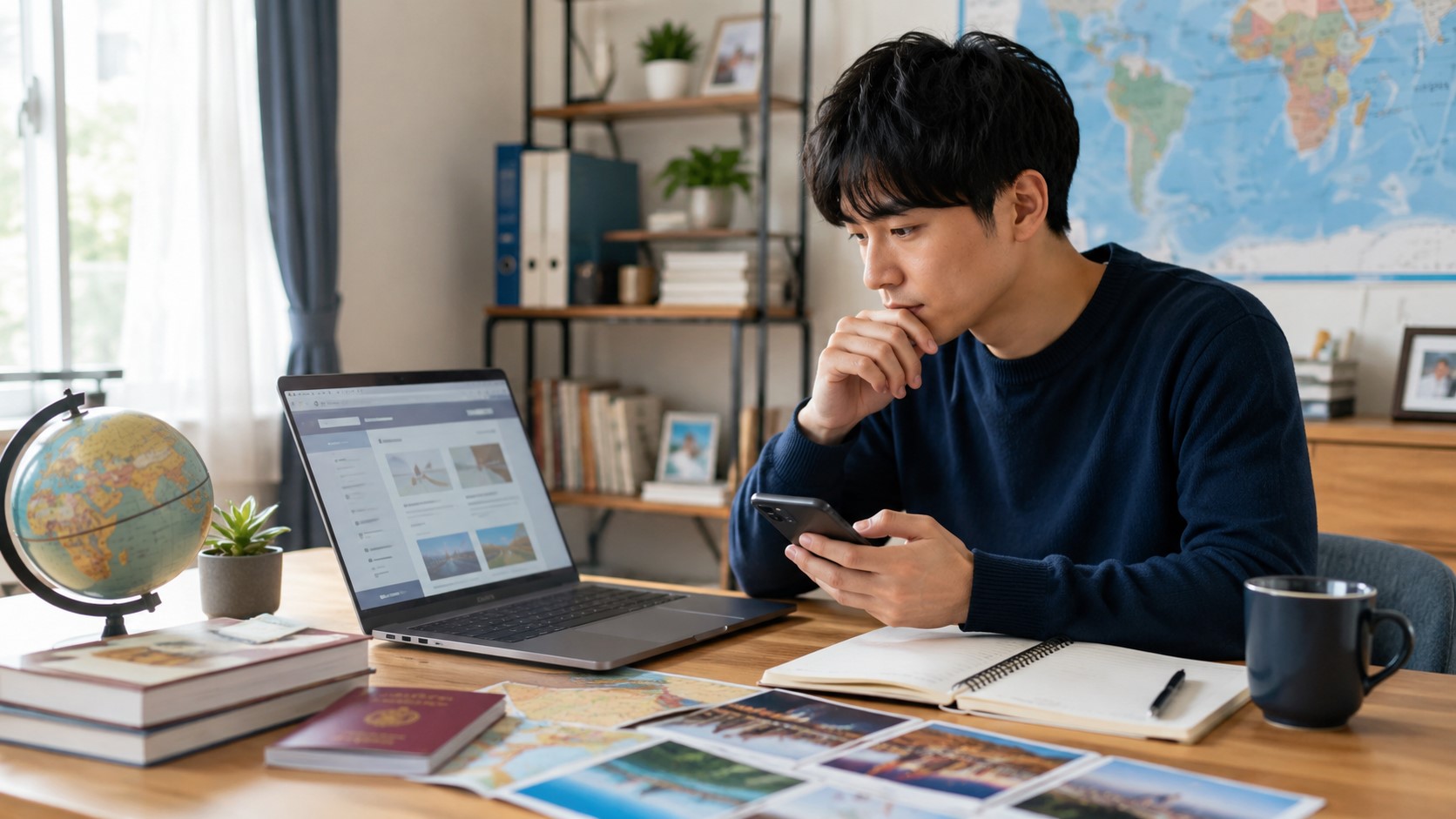 ISS留学ライフの口コミや留学プランを比較検討する男性