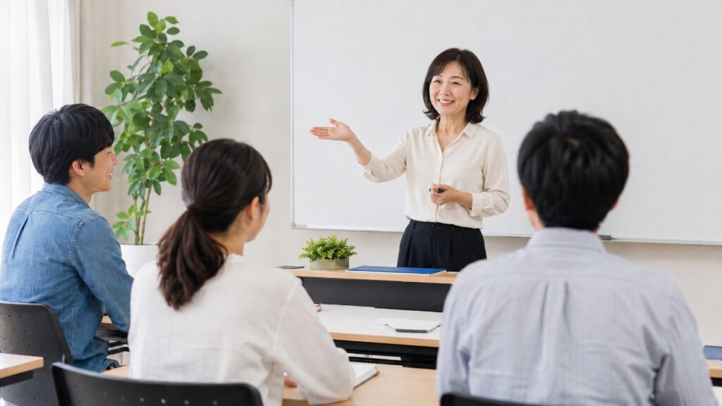 明るい教室で受講者に向けて授業を行う日本人女性講師と、日本語教師を目指して学ぶ受講者たち
