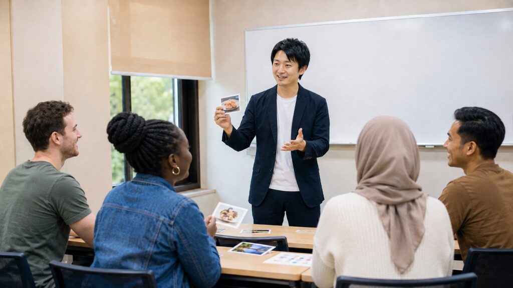 海外の教室で学習者に日本語を教える日本人教師