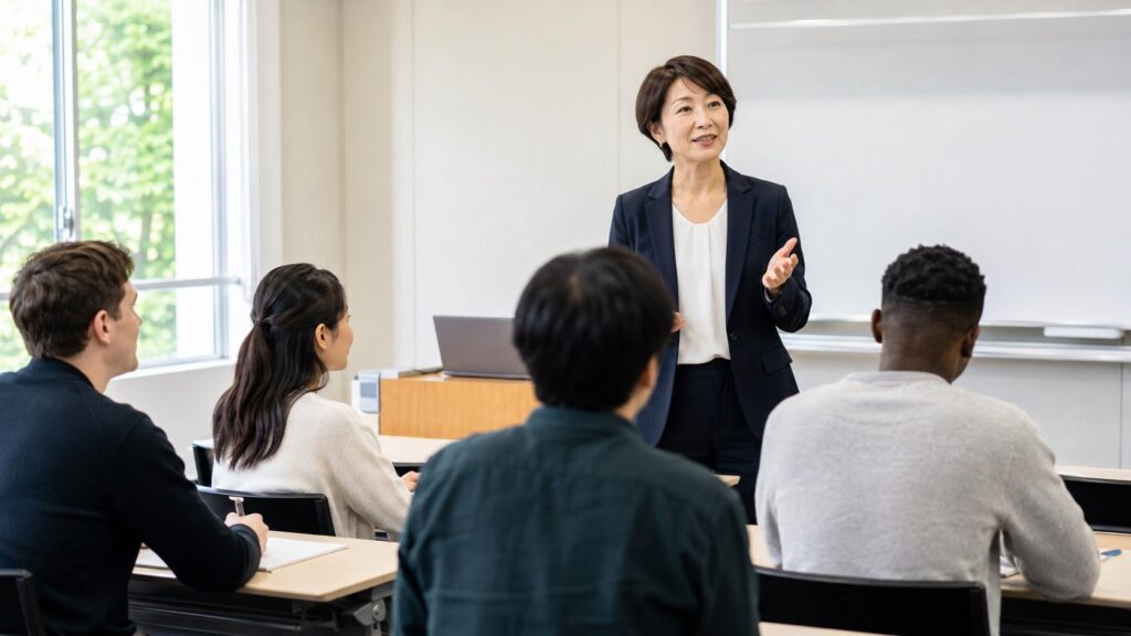 日本語学校で外国人学生に授業をする日本人女性の日本語教師