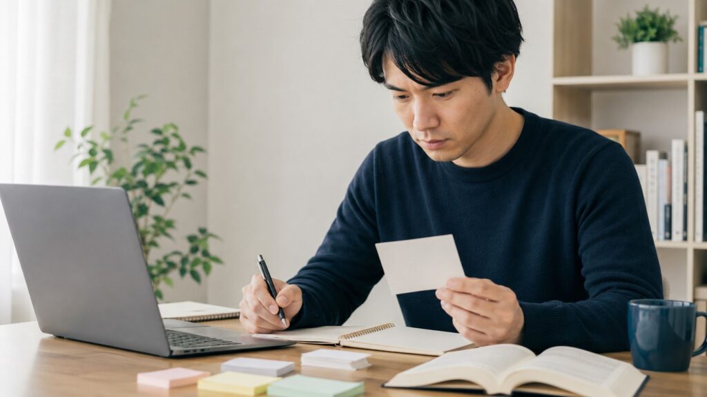 日本語教員試験に向けてパソコンや参考書を使い自宅で勉強する日本人男性