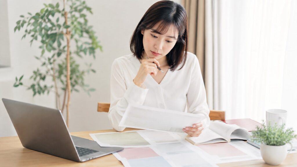 自宅で日本語教師養成講座の資料を見比べながら、受講内容や費用を検討する日本人女性