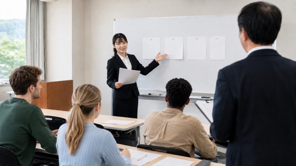 教室で資料を使って説明する日本人女性と、授業を見守る担当者、模擬授業の受講者たち
