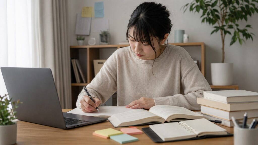 日本語教師を目指して資格取得の勉強を進める女性