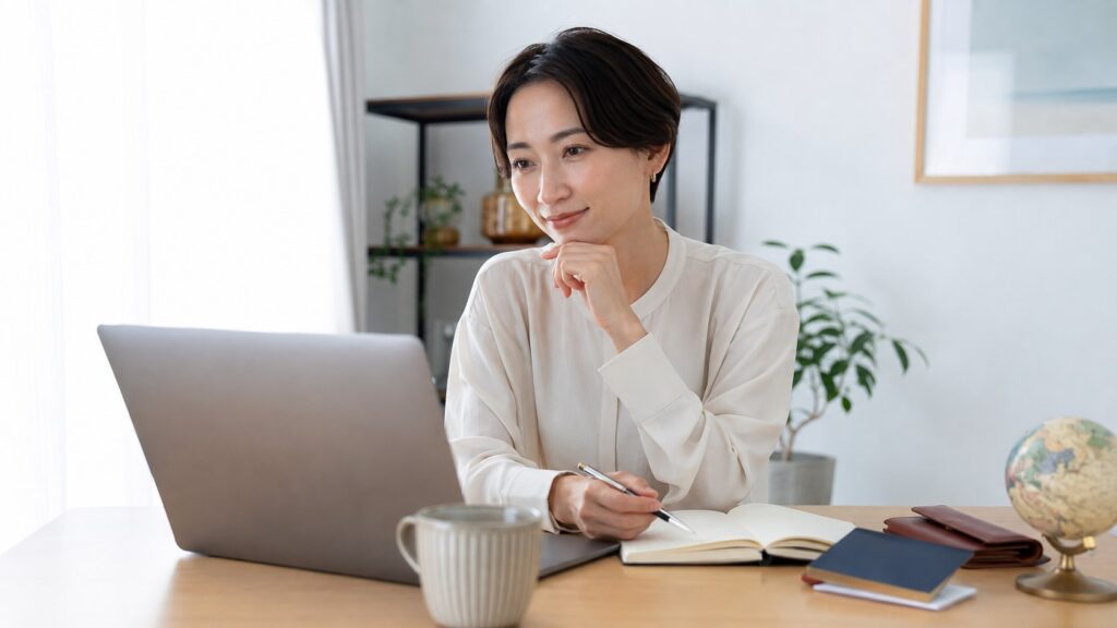 海外の日本語教師求人をパソコンで調べる日本人女性