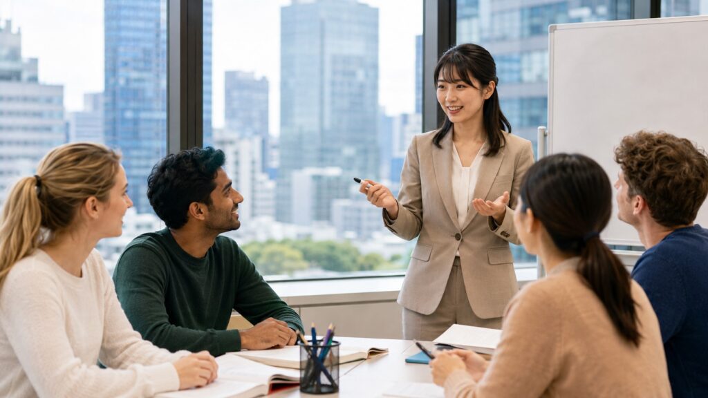 海外の教育機関で外国人学生に授業をする日本人日本語教師