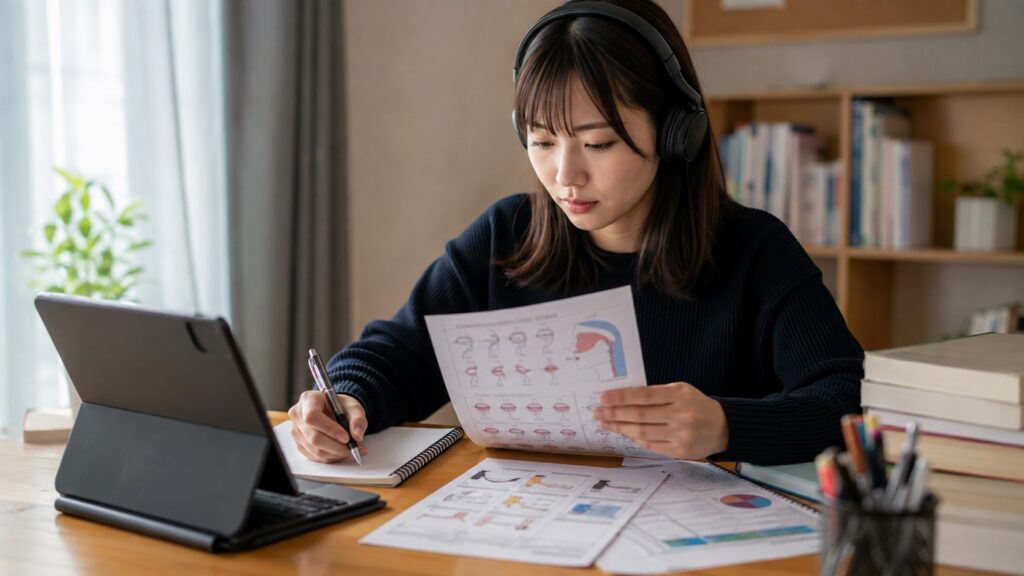 日本語教員試験の音声や聴解対策をヘッドホンと教材で勉強する日本人女性