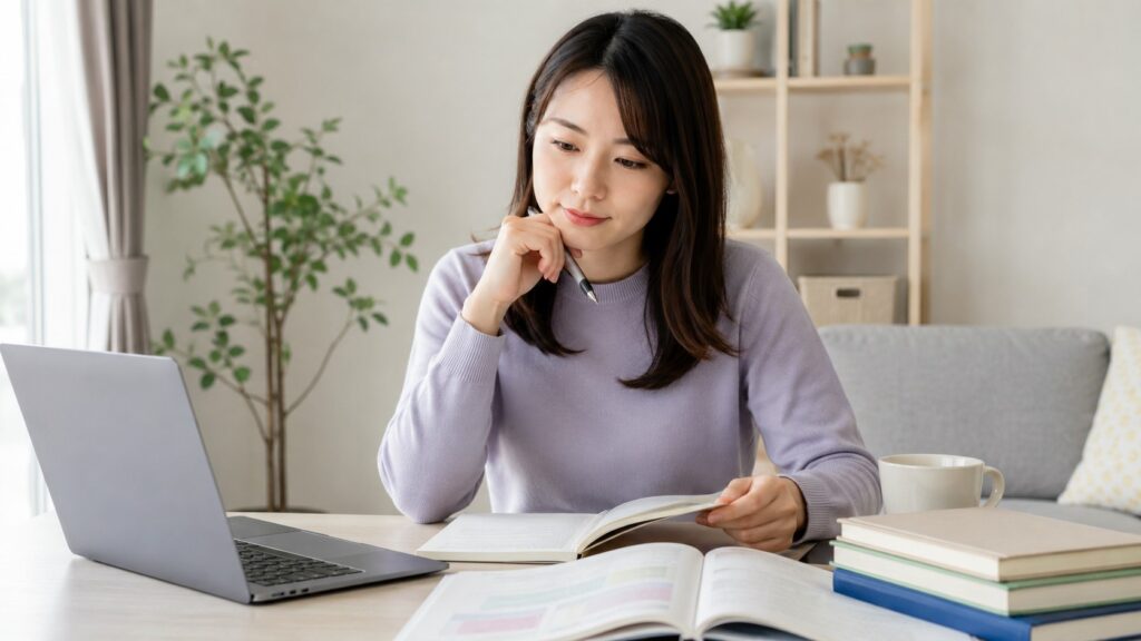 日本語教師資格の取得に向けて自宅でパソコンと参考書を使って学習する日本人女性