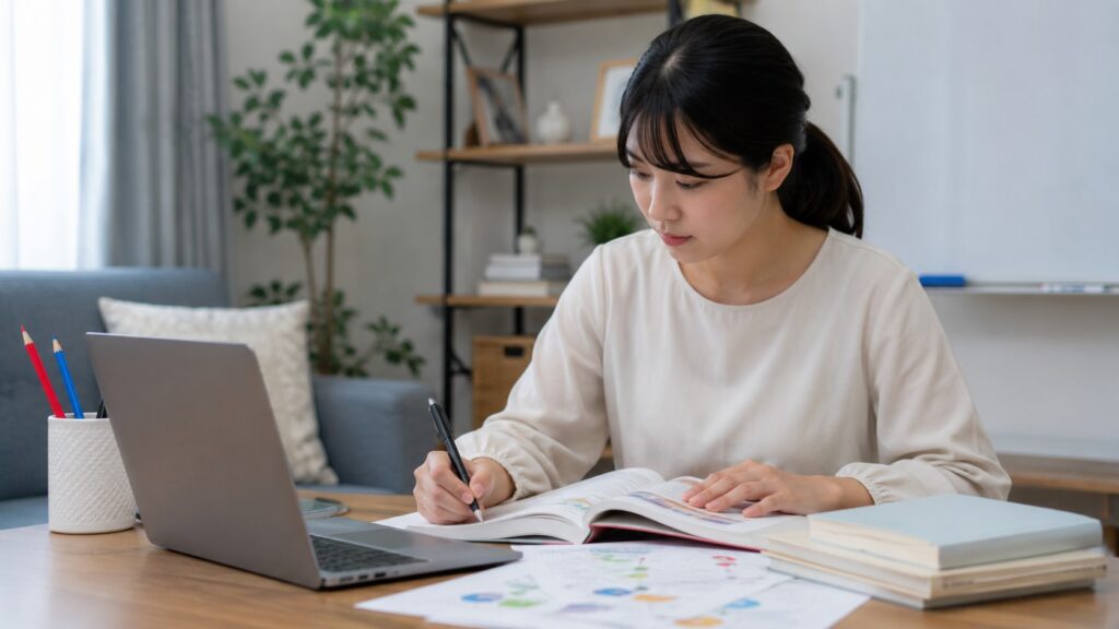 自宅で教材とパソコンを使い日本語教師の資格取得に向けて勉強する女性