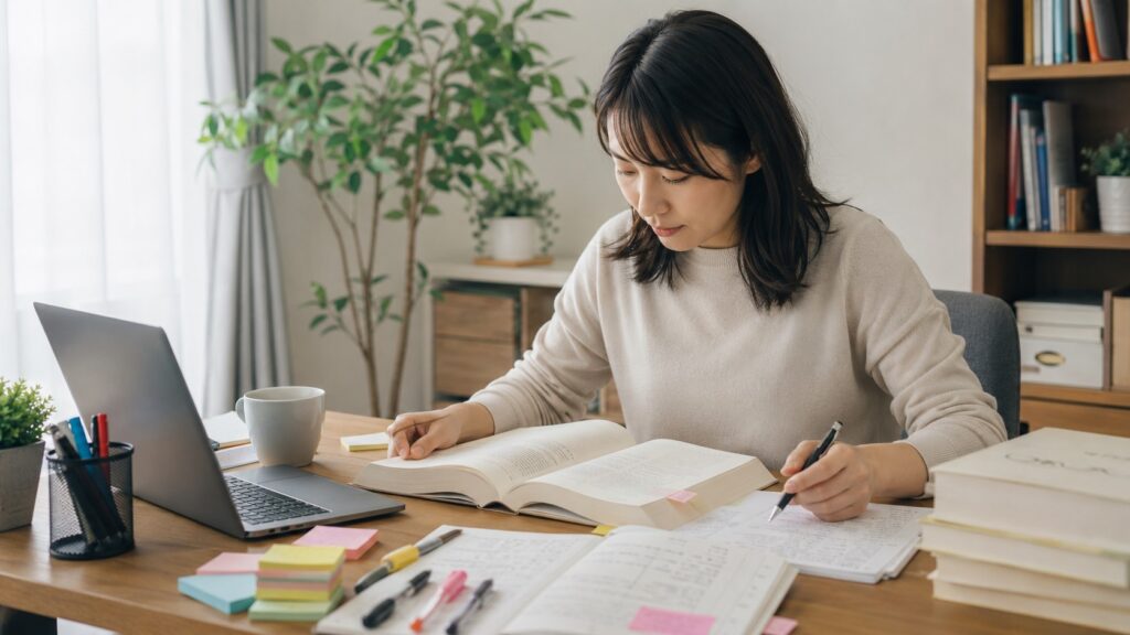 日本語教師の国家資格取得に向けて自宅で参考書を使い独学する日本人女性