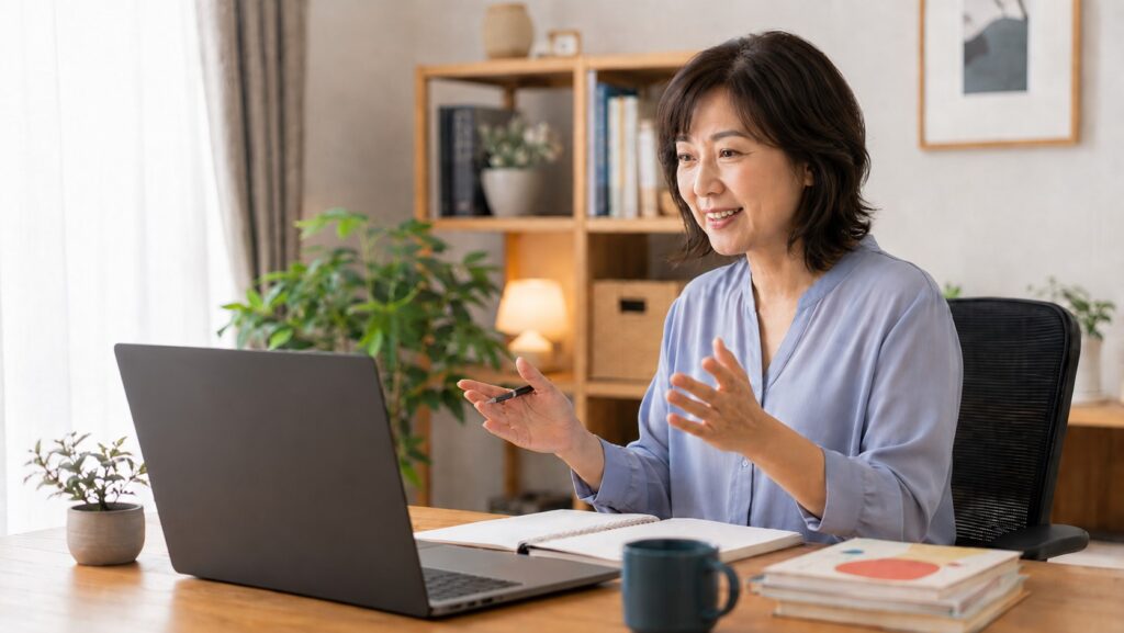 自宅のパソコンを使ってオンラインで日本語レッスンを行う日本人女性講師