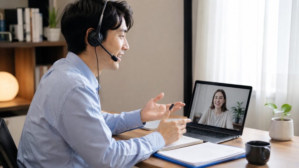 日本人のオンライン日本語教師がパソコンを使って海外の学習者に授業をする様子