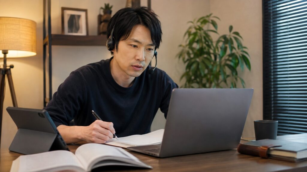 オンラインで日本語教師養成講座を受講し、ノートを取りながら学ぶ日本人男性