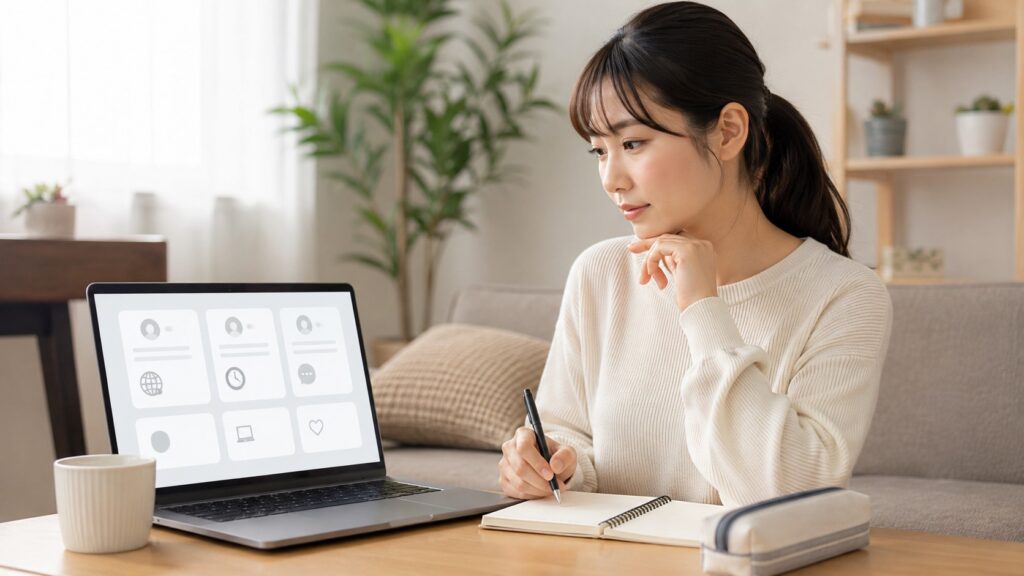 自宅のパソコンで資格なしや未経験可のオンライン日本語教師求人を探す女性