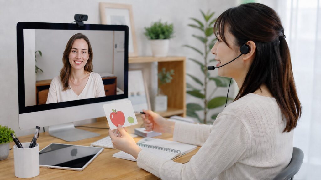 オンラインで日本語レッスンを行う日本人女性講師の授業風景