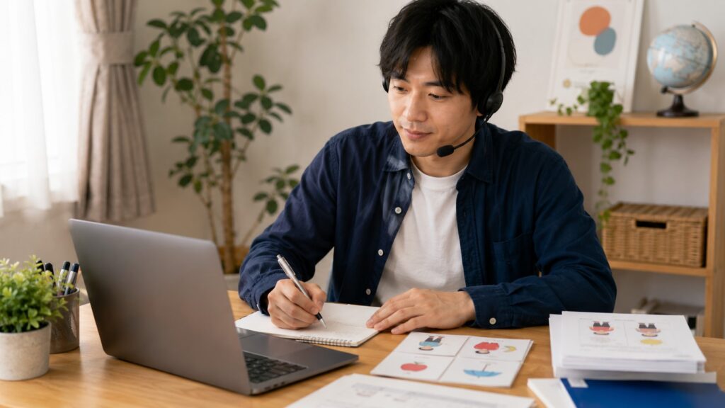 自宅で教材を確認しオンライン日本語レッスンの準備をする日本人講師