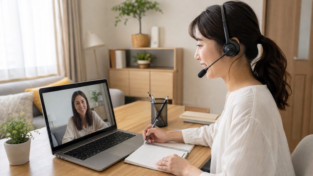 自宅から外国人学習者にオンラインレッスンを行う日本人の日本語教師