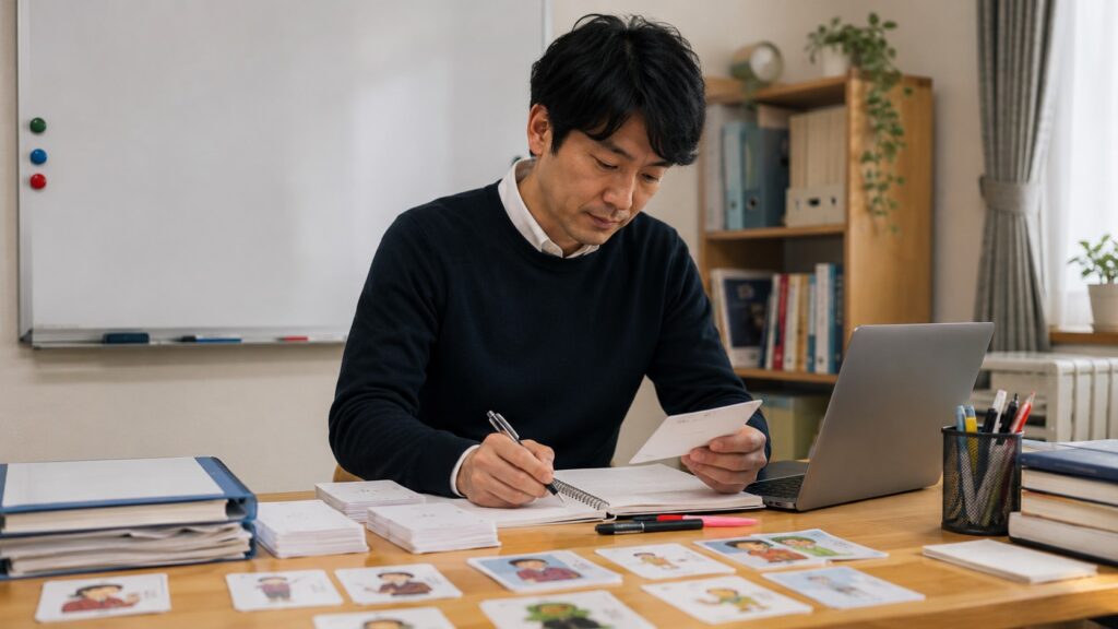 非常勤日本語教師が授業前に教材作成や授業準備をする様子