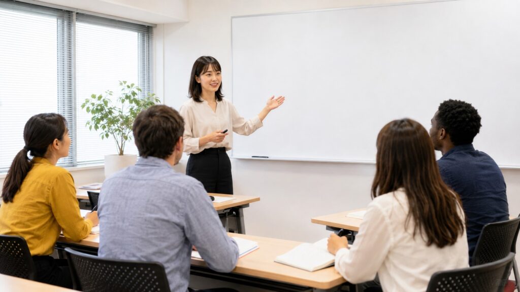 登録日本語教員をイメージした日本語教師が外国人学習者に授業を行う教室風景