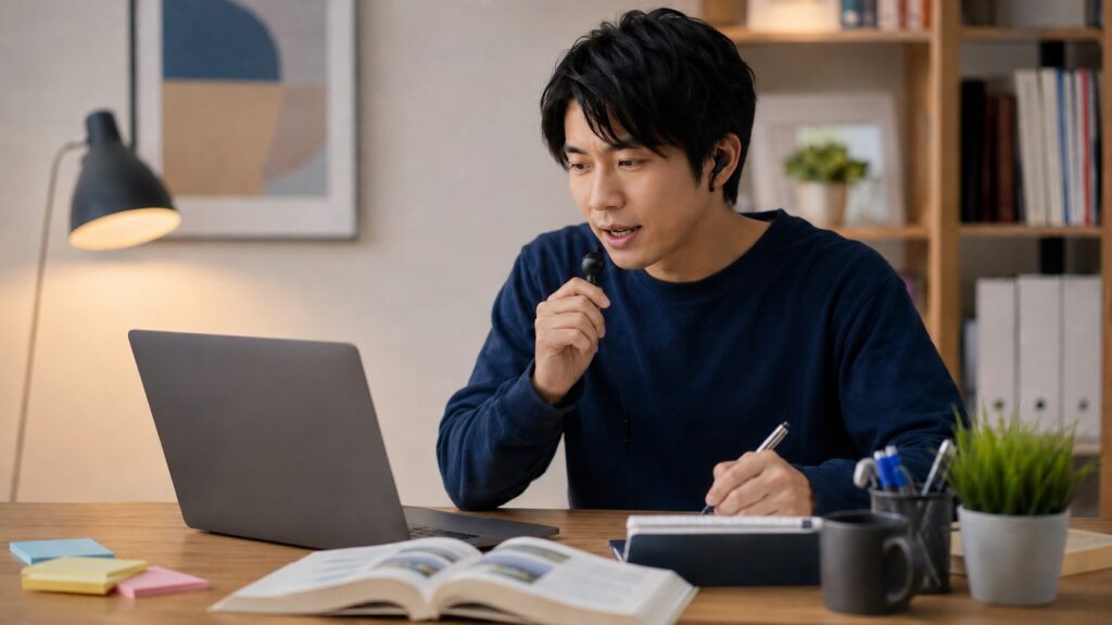 Santa TOEFLでスピーキング練習とAI添削を活用して4技能対策をする日本人男性
