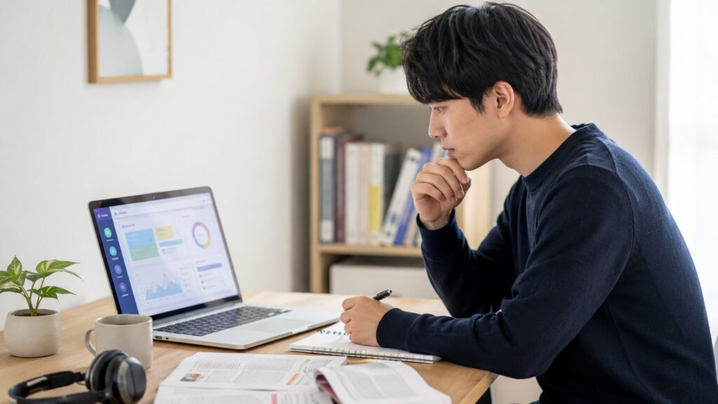 Santa TOEFLのAI学習画面を見ながら自宅でTOEFL対策をする日本人男性
