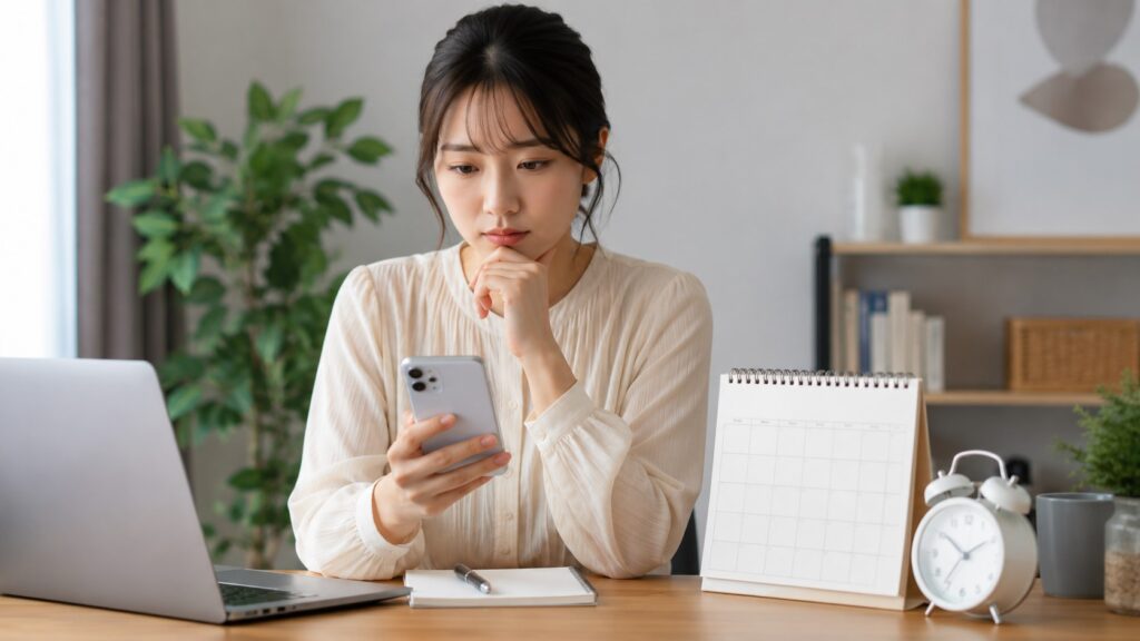 Santa TOEFLの自動更新日と解約期限をスマホで確認する日本人女性