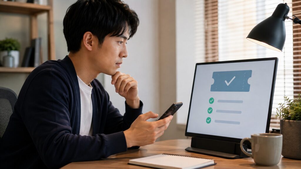 Santa TOEFLの受験チケットとバウチャーを確認する日本人男性