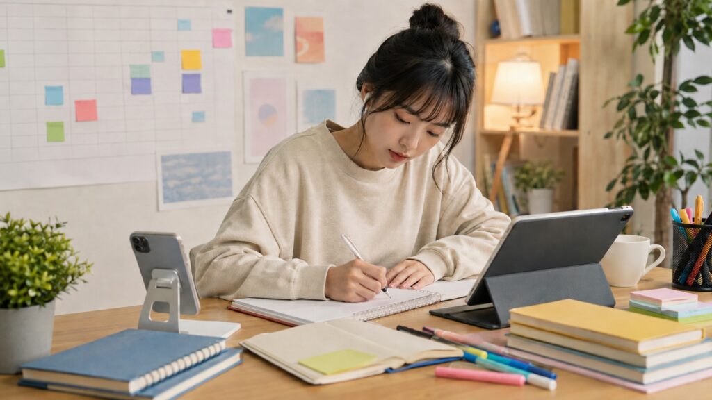 Santa TOEFLで1ヶ月の学習計画に取り組む日本人女性