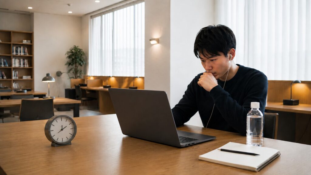 Santa TOEFLの模試を本番形式で受験する日本人男性