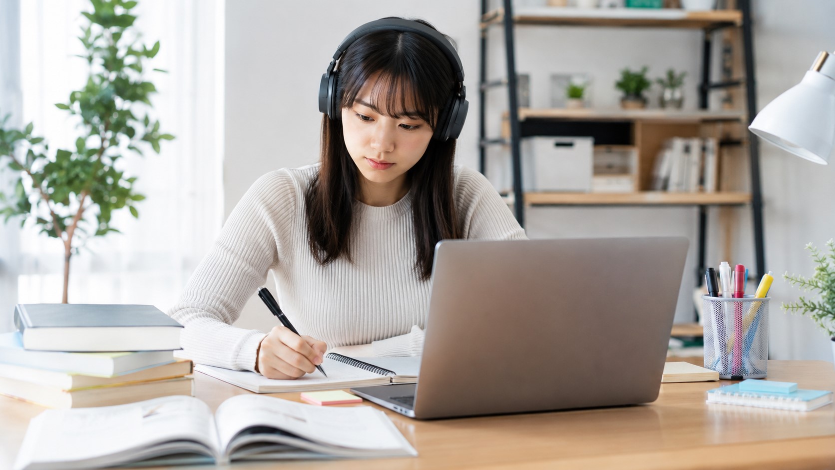 Santa TOEFL模試をパソコンで学習する日本人女性