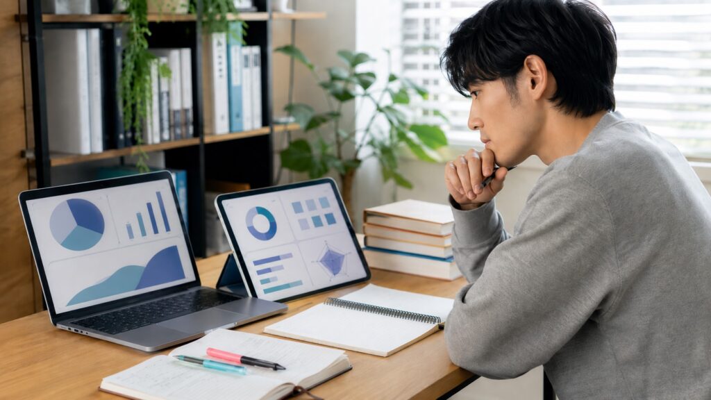 Santa TOEFL模試の結果を確認して弱点分析する日本人男性
