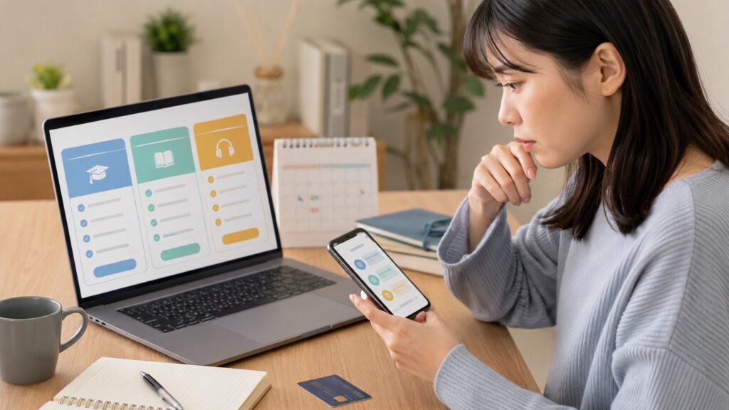 Santa TOEFLの料金や学習プランをパソコンとスマホで比較する日本人女性