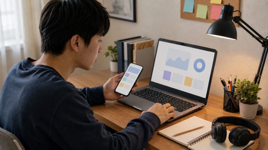 Santa TOEFLをスマホとPCで使い分けて学習する日本人男性