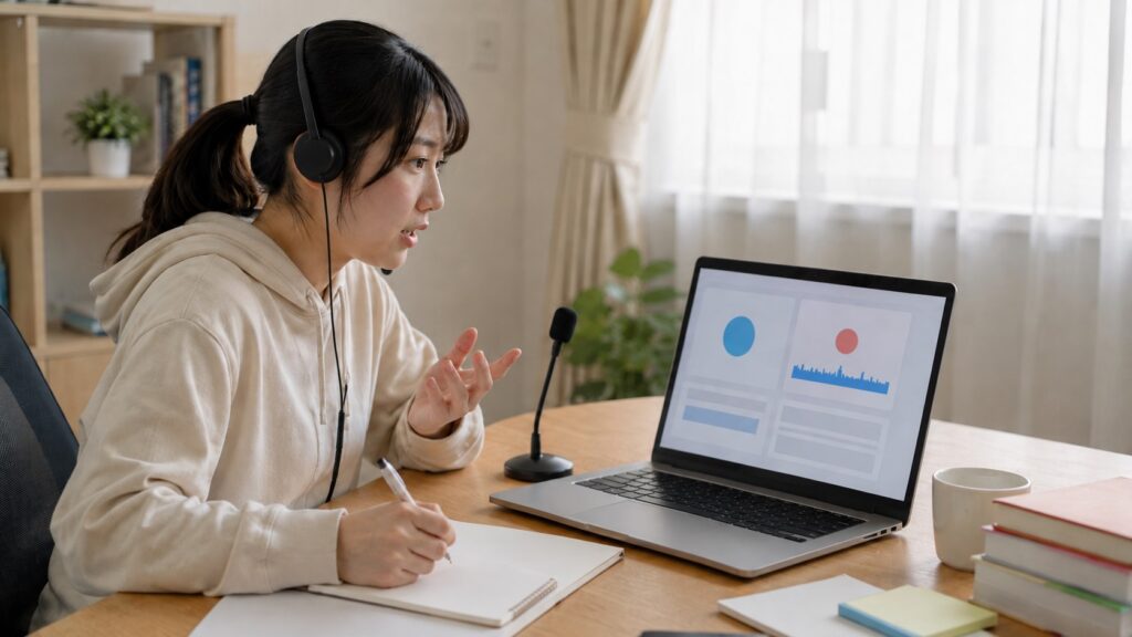 Santa TOEFLのSpeakingとWritingをPCで練習する日本人女性