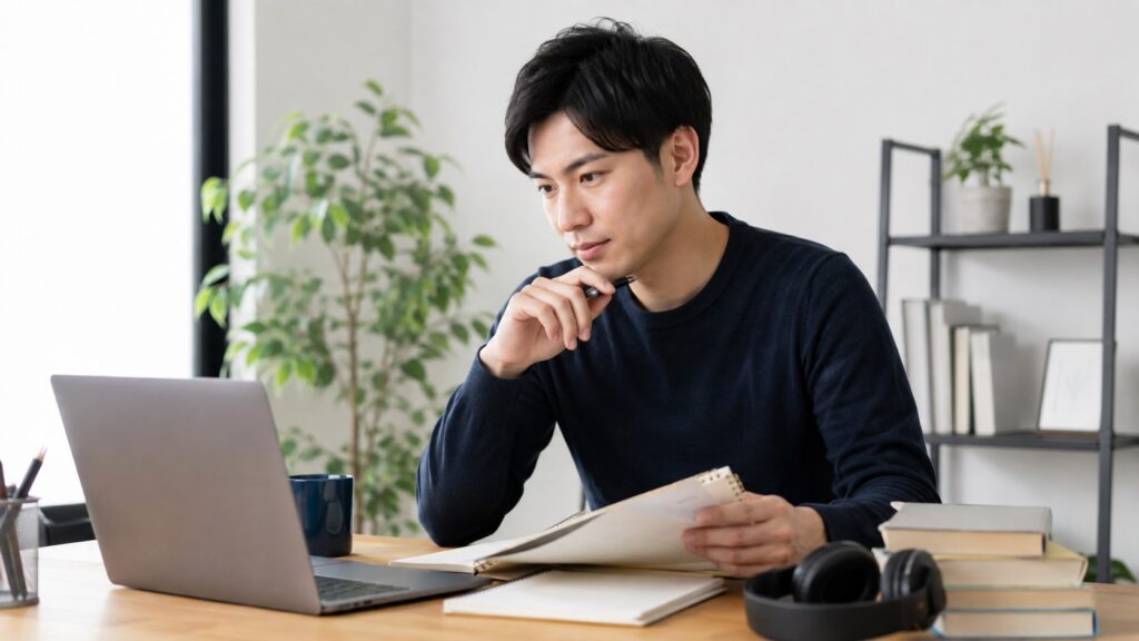 TOEFL受験に向けてSanta TOEFLの学習プランを検討する日本人男性
