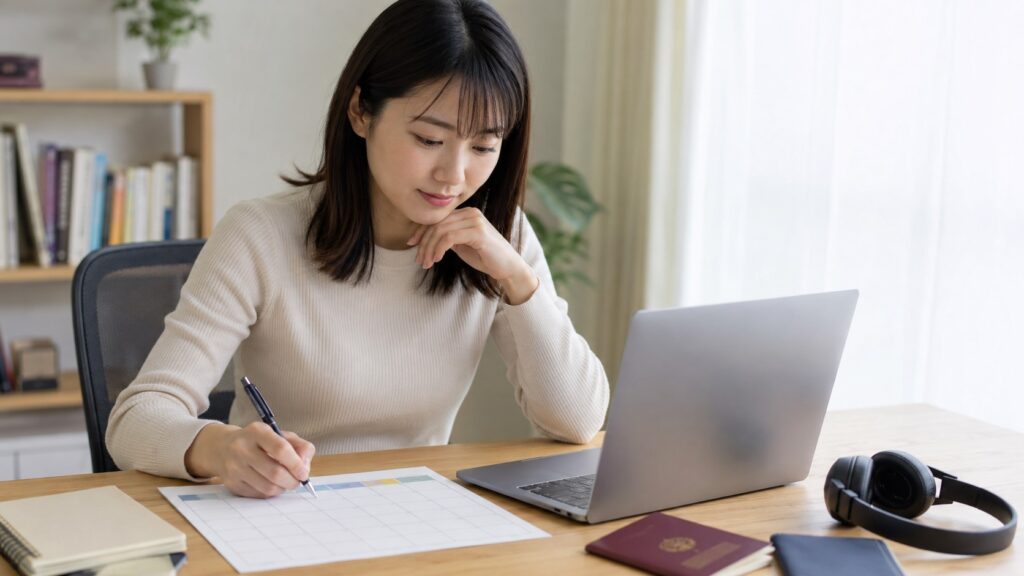 TOEFL受験日に向けてSanta TOEFLの学習スケジュールを計画する日本人女性