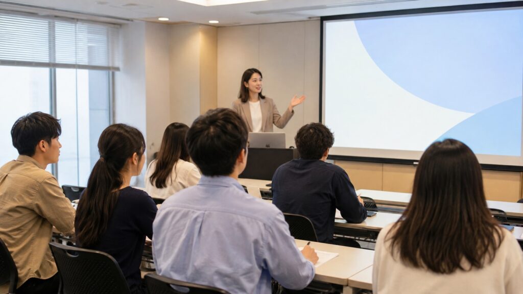 ISS留学セミナーで講師の説明を聞く