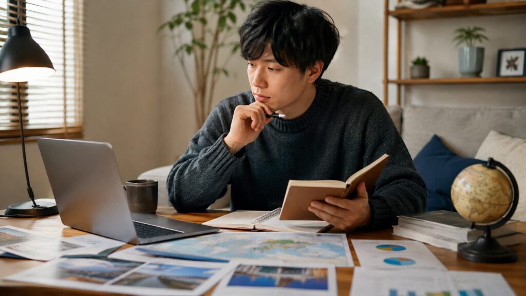 自宅で国や費用を調べる日本人男性