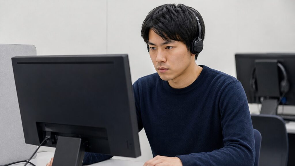 TOEFL iBT本番を想定してパソコンで模試を受ける日本人男性