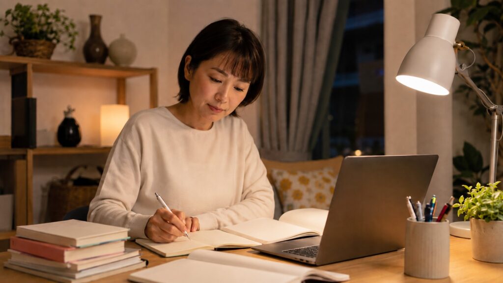 夜の自宅でノートに書き込みながら、日本語教師の資格取得に向けて勉強する日本人女性